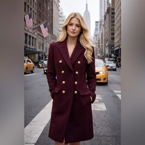 Zara Elegant Double-Breasted Burgundy Wool Coat
